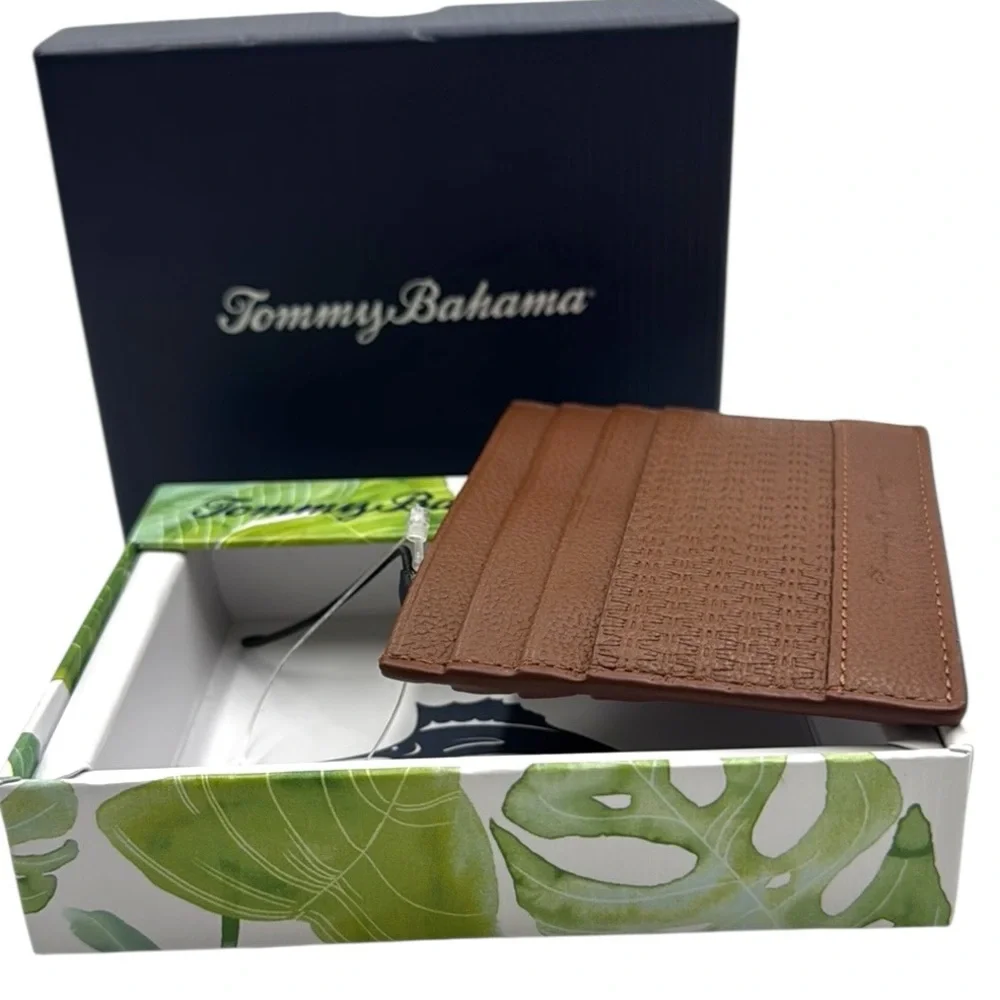 Tommy Bahama Tan Basket Weave Leather Card Case Slim Wallet Men's